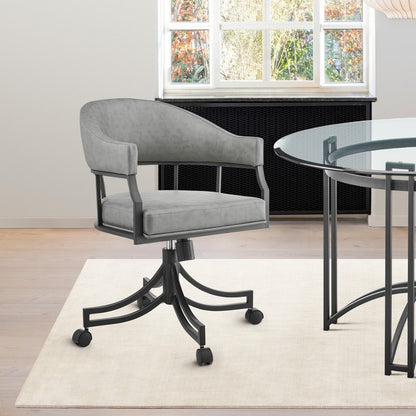 Gray And Black Upholstered Faux Leather Open Back Dining Arm Chair With Wheels