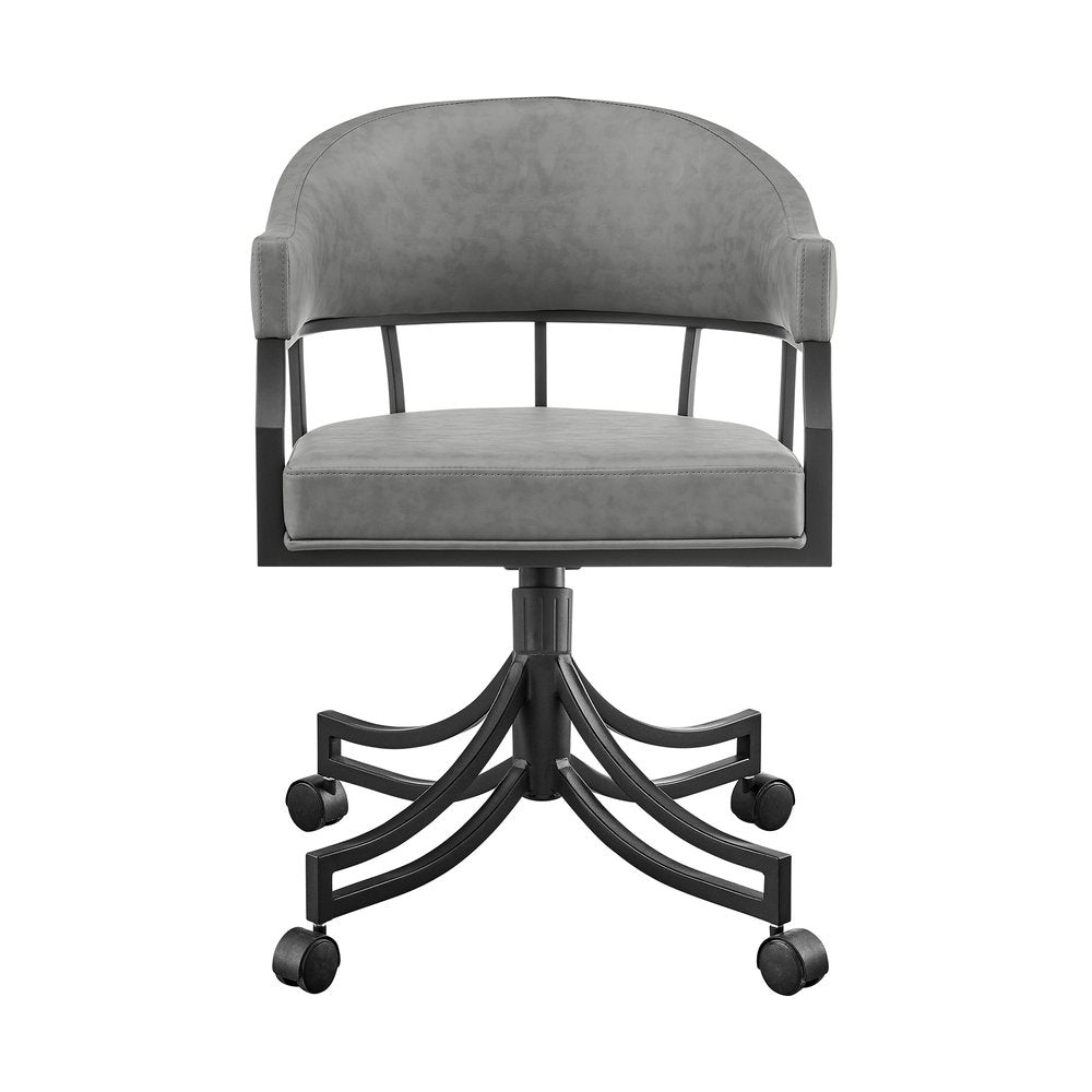 Gray And Black Upholstered Faux Leather Open Back Dining Arm Chair With Wheels