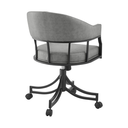 Gray And Black Upholstered Faux Leather Open Back Dining Arm Chair With Wheels