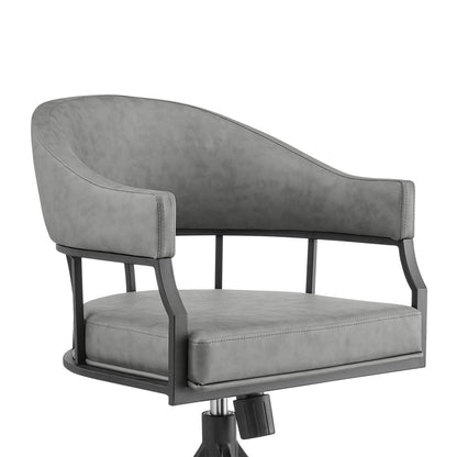 Gray And Black Upholstered Faux Leather Open Back Dining Arm Chair With Wheels