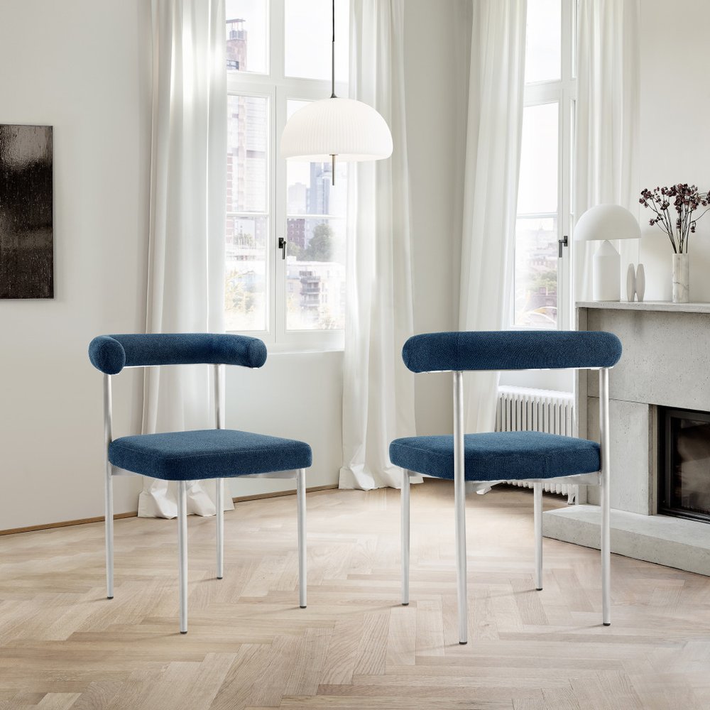 Set of Two Blue And Silver Upholstered Polyester Open Back Dining Side Chairs