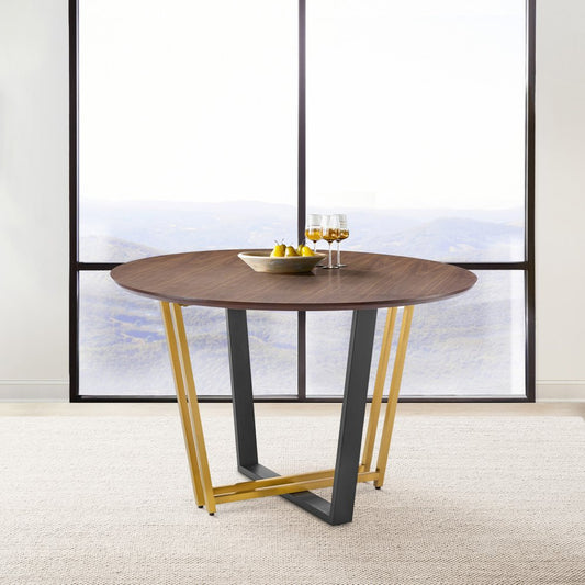 48" Brown And Gold Iron Sled Base Round Top Dining Table