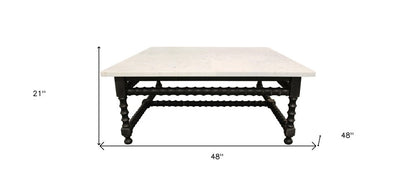 48" White And Black Genuine Marble And Solid Wood Square Coffee Table