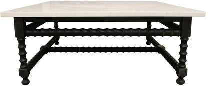 48" White And Black Genuine Marble And Solid Wood Square Coffee Table