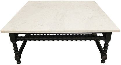 48" White And Black Genuine Marble And Solid Wood Square Coffee Table