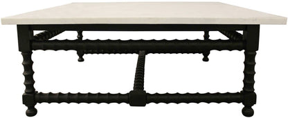 48" White And Black Genuine Marble And Solid Wood Square Coffee Table
