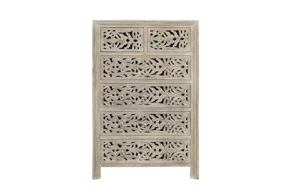 35" Gray Carved Floral Solid Wood Six Drawer Dresser