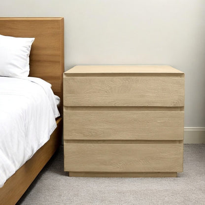 24" Natural Solid Wood Ribbed Texture Three Drawer Nightstand