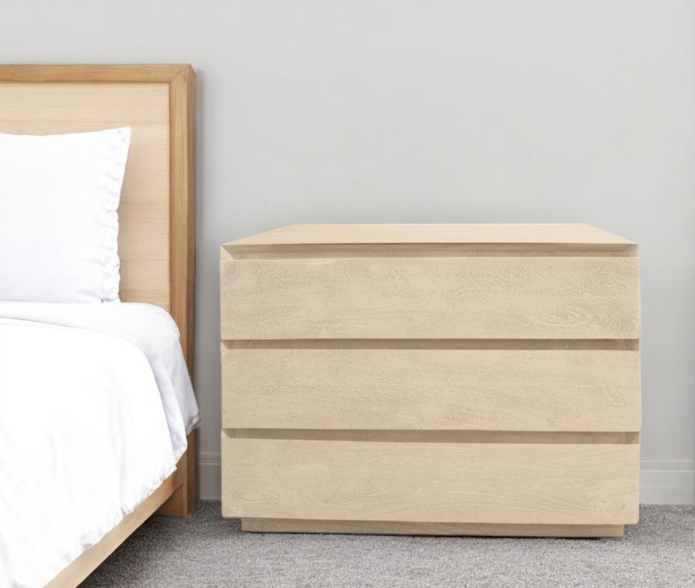24" Natural Solid Wood Ribbed Texture Three Drawer Nightstand