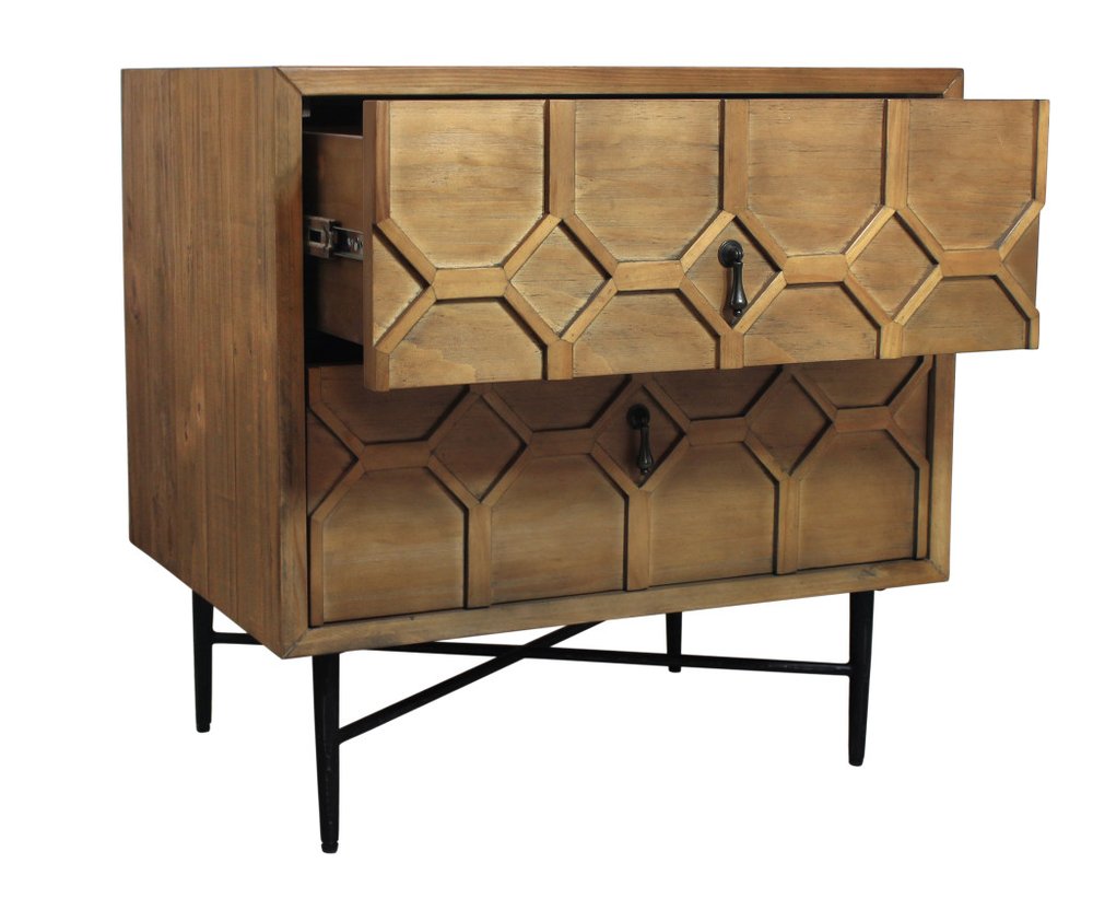 28" Natural Two Drawer Distressed Carved Geometric Solid Wood Nightstand