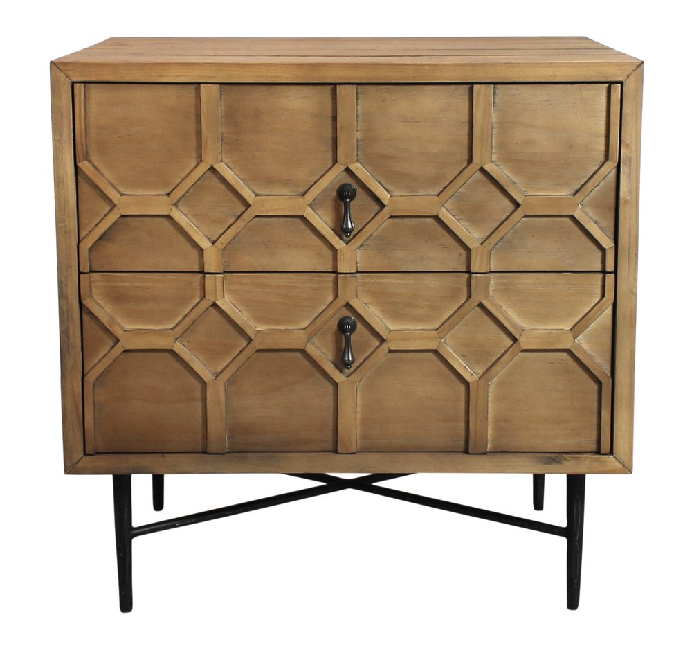 28" Natural Two Drawer Distressed Carved Geometric Solid Wood Nightstand