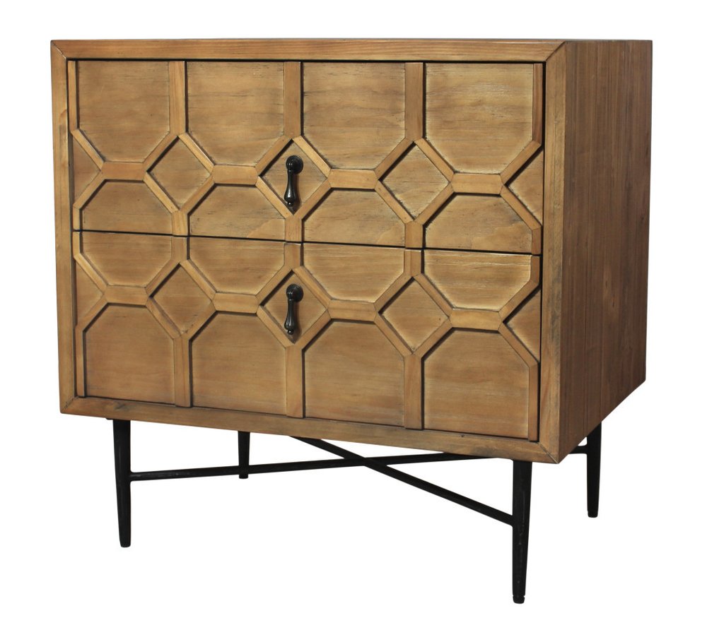28" Natural Two Drawer Distressed Carved Geometric Solid Wood Nightstand