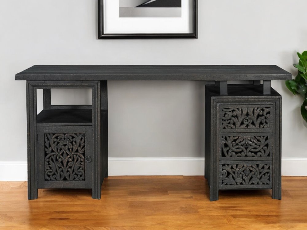 68" Black Carved Floral Scroll Solid Wood Computer Desk With Three Drawers