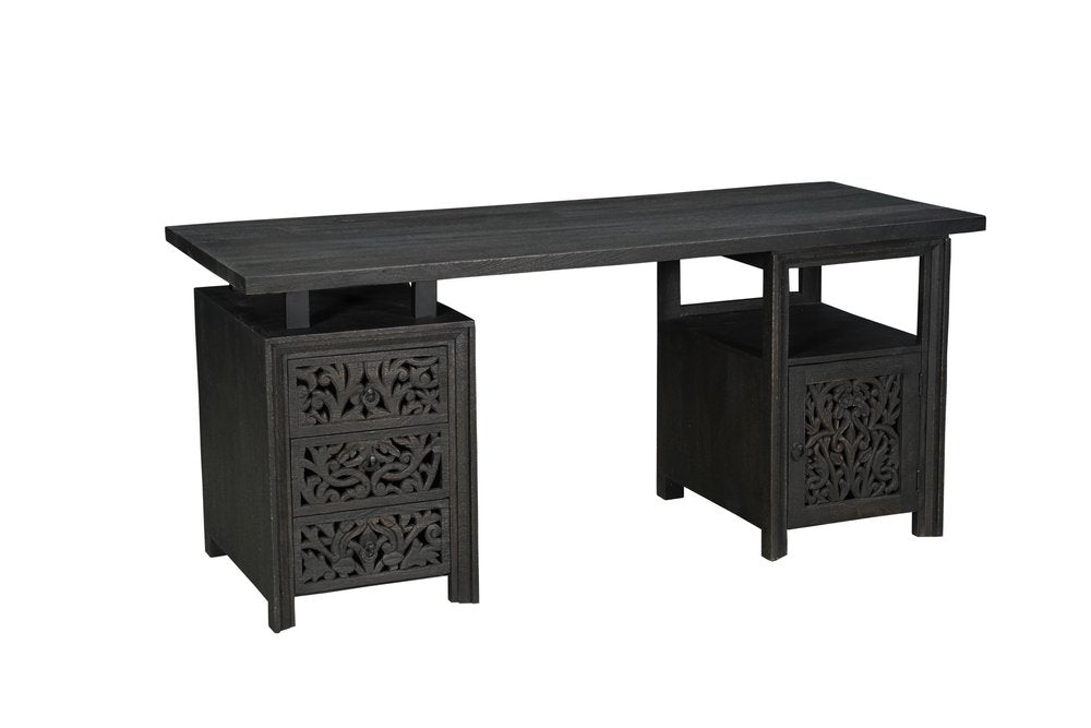 68" Black Carved Floral Scroll Solid Wood Computer Desk With Three Drawers