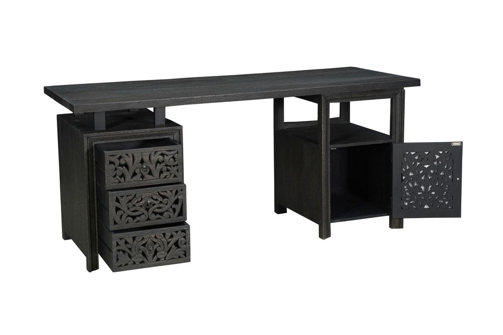 68" Black Carved Floral Scroll Solid Wood Computer Desk With Three Drawers