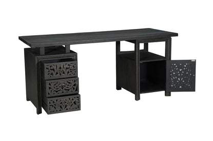 68" Black Carved Floral Scroll Solid Wood Computer Desk With Three Drawers