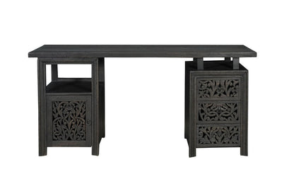68" Black Carved Floral Scroll Solid Wood Computer Desk With Three Drawers