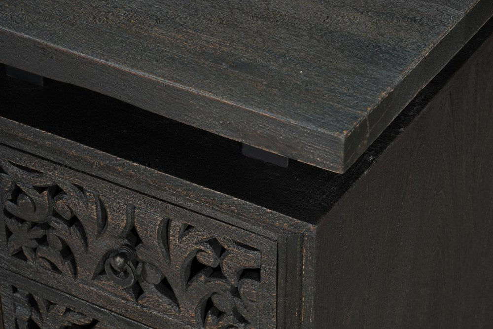 68" Black Carved Floral Scroll Solid Wood Computer Desk With Three Drawers