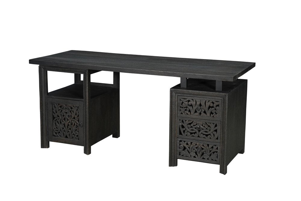 68" Black Carved Floral Scroll Solid Wood Computer Desk With Three Drawers