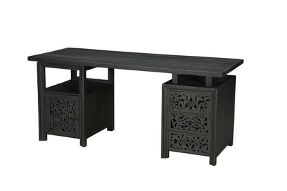 68" Black Carved Floral Scroll Solid Wood Computer Desk With Three Drawers