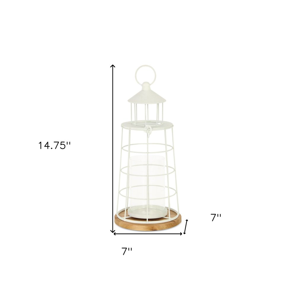 15" White And Natural Metal And Wood Lighthouse Tabletop Lantern Candle Holder
