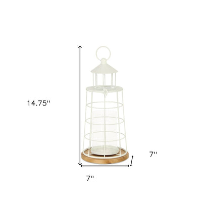 15" White And Natural Metal And Wood Lighthouse Tabletop Lantern Candle Holder