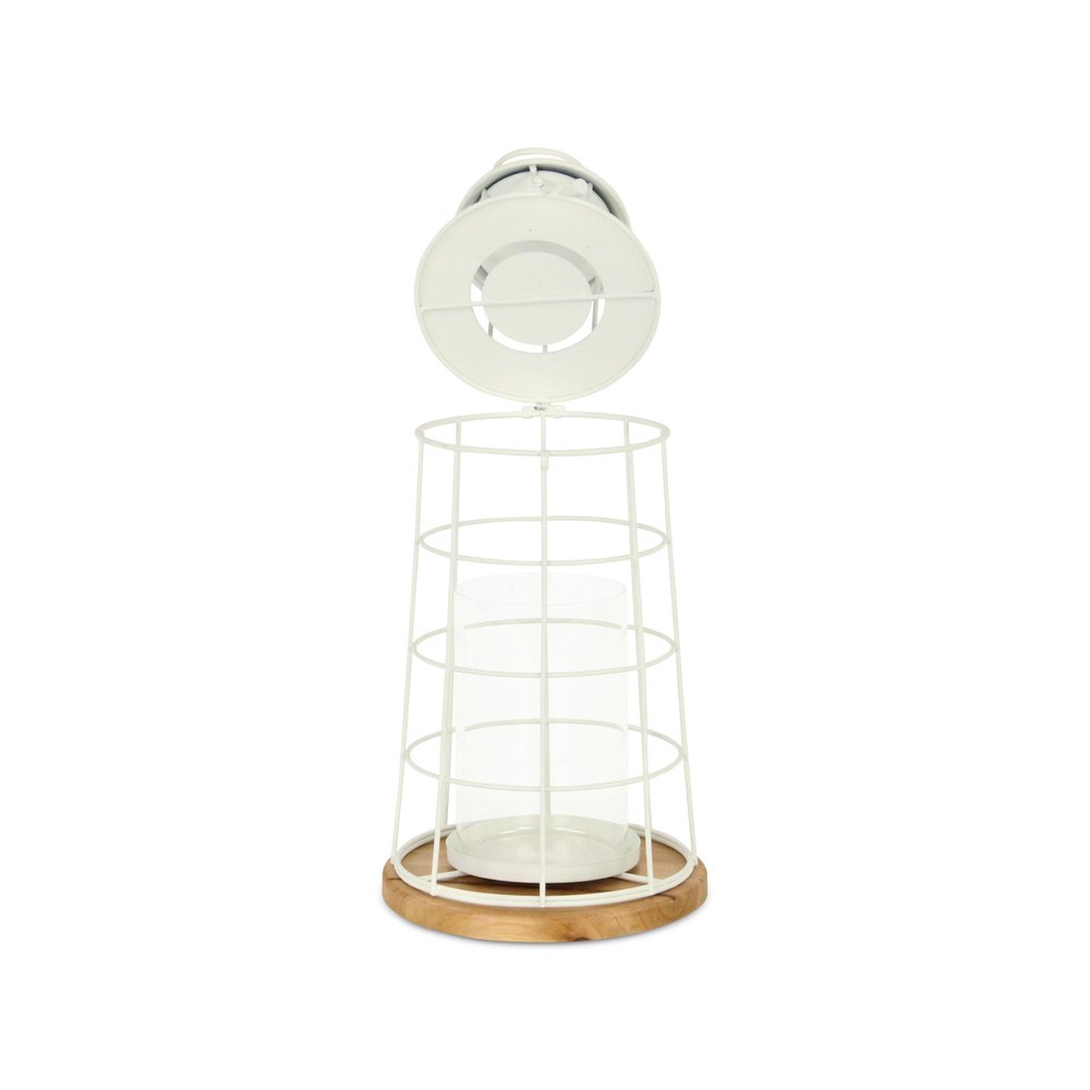 15" White And Natural Metal And Wood Lighthouse Tabletop Lantern Candle Holder