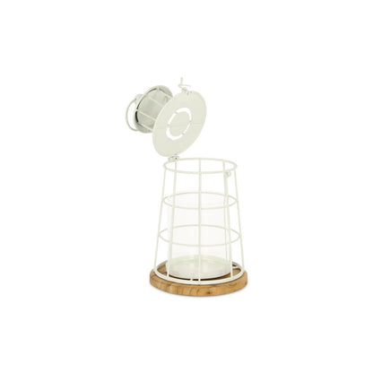 12" White And Natural Metal And Wood Lighthouse Tabletop Lantern Candle Holder