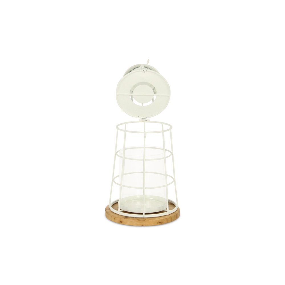 12" White And Natural Metal And Wood Lighthouse Tabletop Lantern Candle Holder