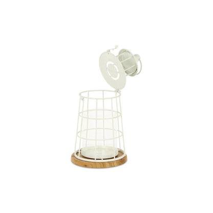 12" White And Natural Metal And Wood Lighthouse Tabletop Lantern Candle Holder