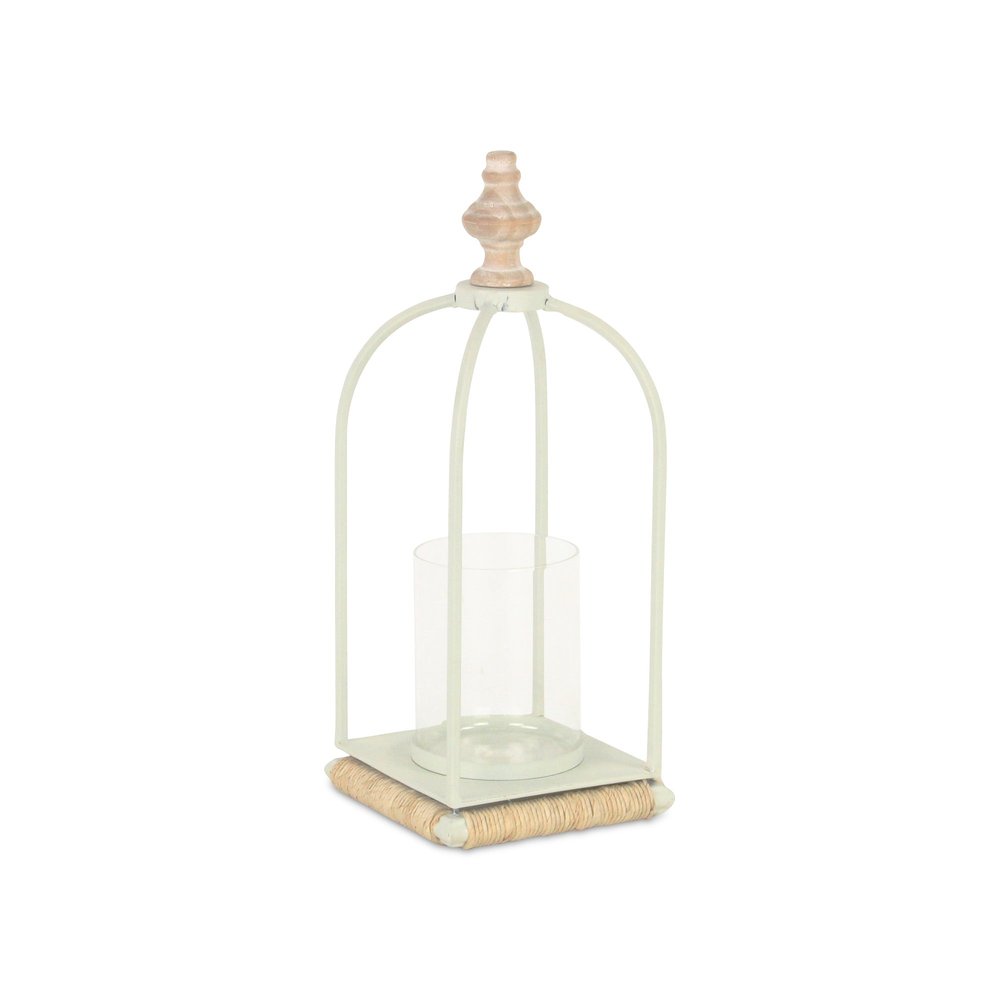 14" White Metal With Wood And Rope Tabletop Lantern Candle Holder