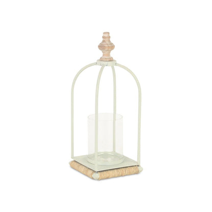 14" White Metal With Wood And Rope Tabletop Lantern Candle Holder