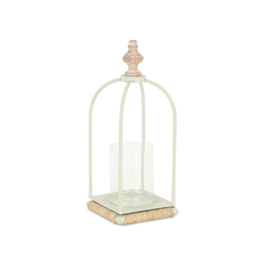 14" White Metal With Wood And Rope Tabletop Lantern Candle Holder