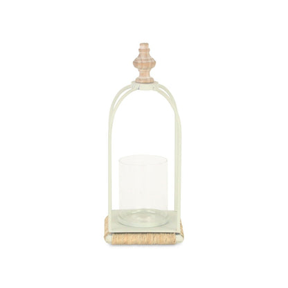 14" White Metal With Wood And Rope Tabletop Lantern Candle Holder