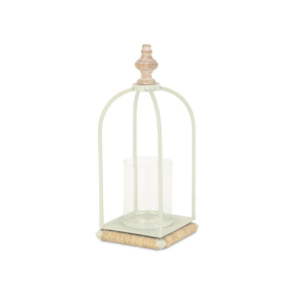 14" White Metal With Wood And Rope Tabletop Lantern Candle Holder