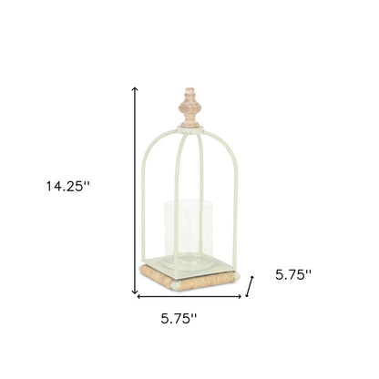 14" White Metal With Wood And Rope Tabletop Lantern Candle Holder