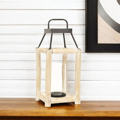 18" Black And Natural Distressed Glass Metal And Wood Tabletop Lantern Candle Holder