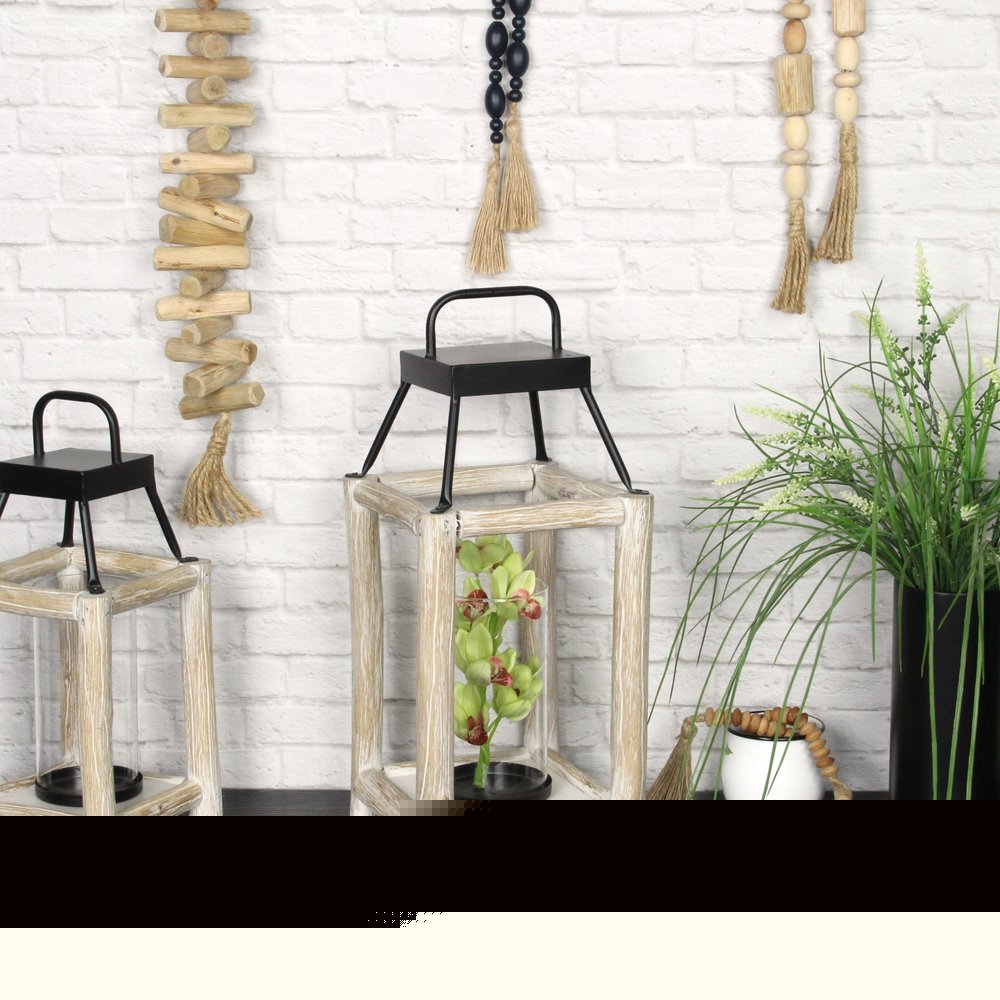 18" Black And Natural Distressed Glass Metal And Wood Tabletop Lantern Candle Holder