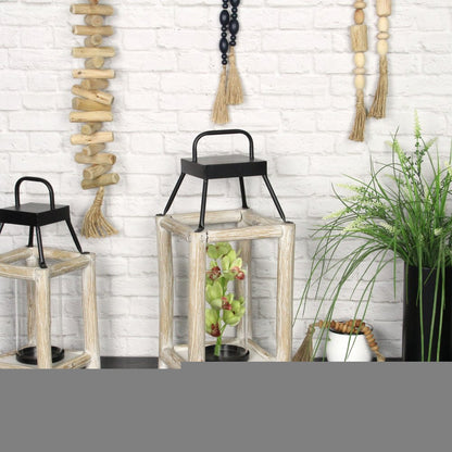 18" Black And Natural Distressed Glass Metal And Wood Tabletop Lantern Candle Holder