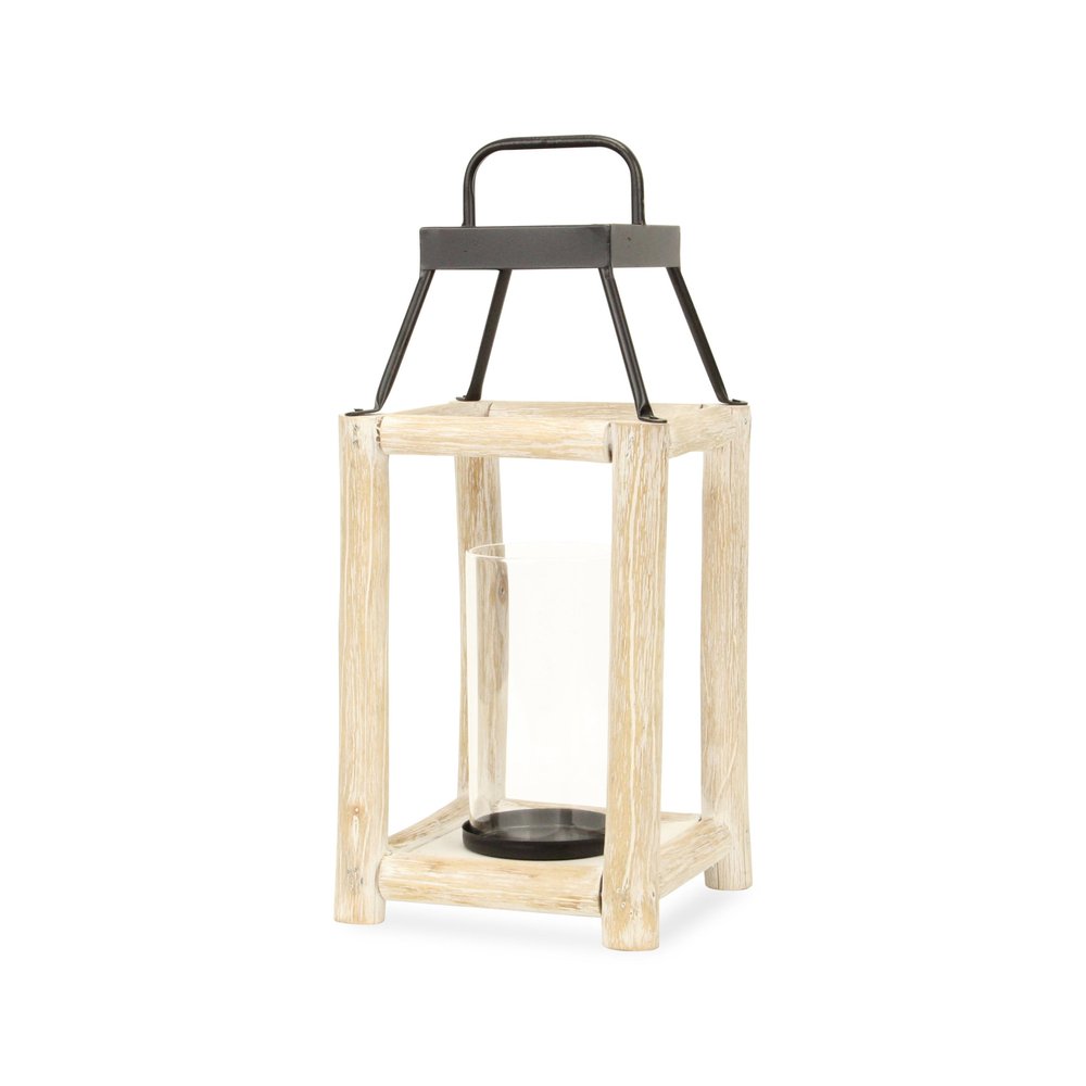 18" Black And Natural Distressed Glass Metal And Wood Tabletop Lantern Candle Holder