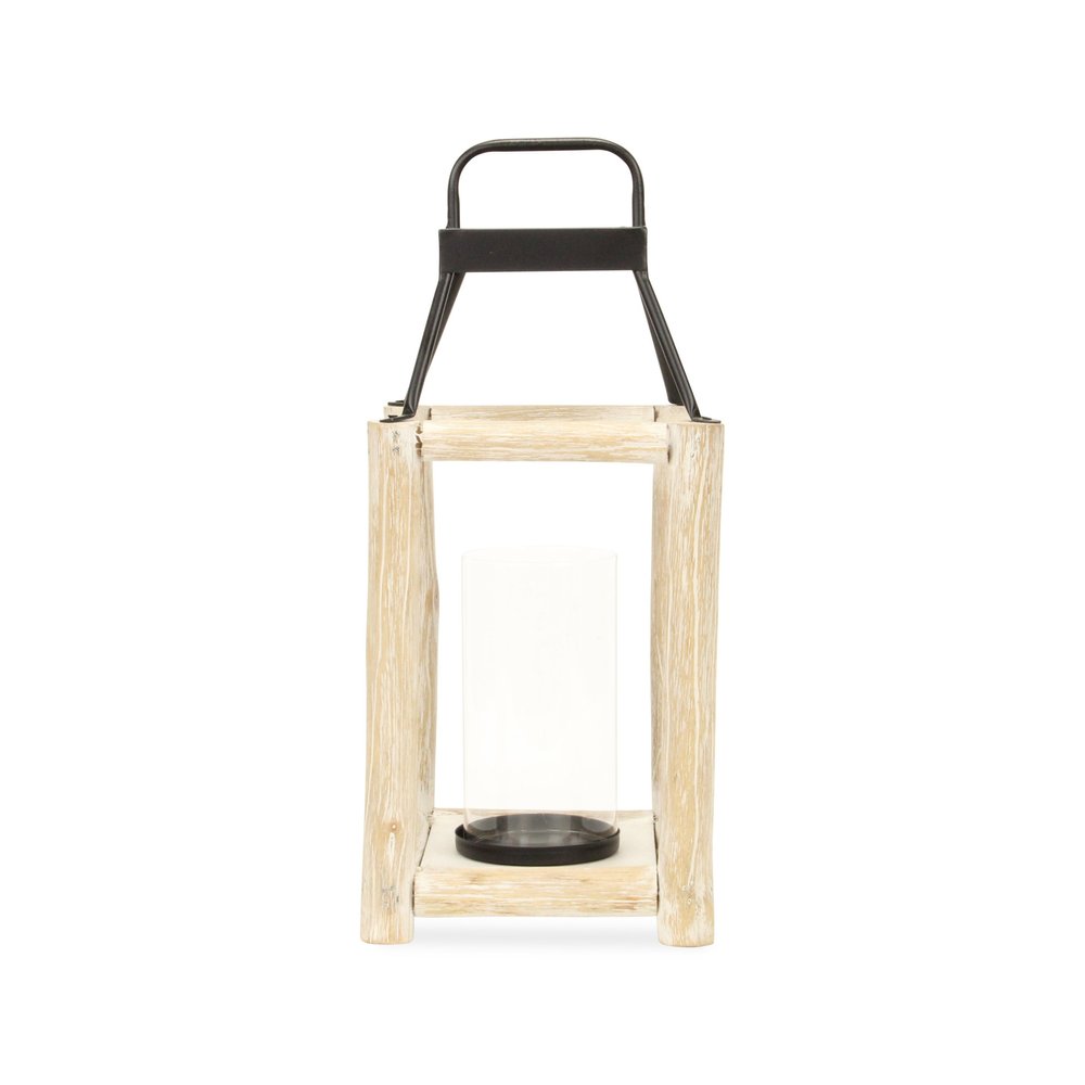18" Black And Natural Distressed Glass Metal And Wood Tabletop Lantern Candle Holder