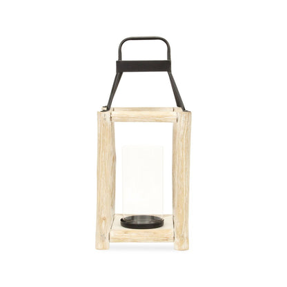 18" Black And Natural Distressed Glass Metal And Wood Tabletop Lantern Candle Holder