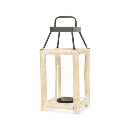 18" Black And Natural Distressed Glass Metal And Wood Tabletop Lantern Candle Holder
