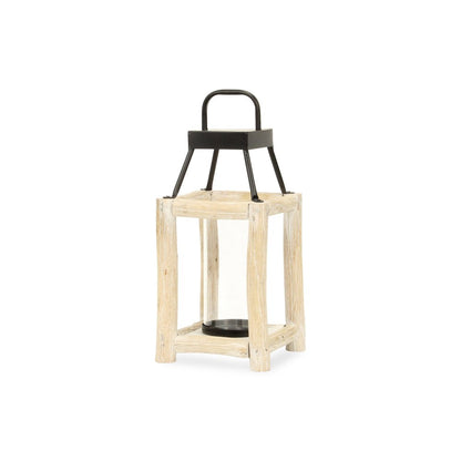15" Natural And Black Glass Metal And Wood Tabletop Lantern Candle Holder