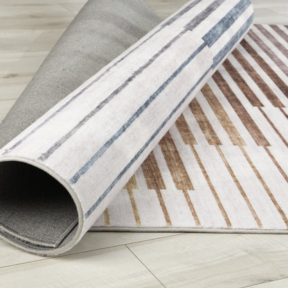 8' X 11' Beige Blue and Brown Striped Area Rug