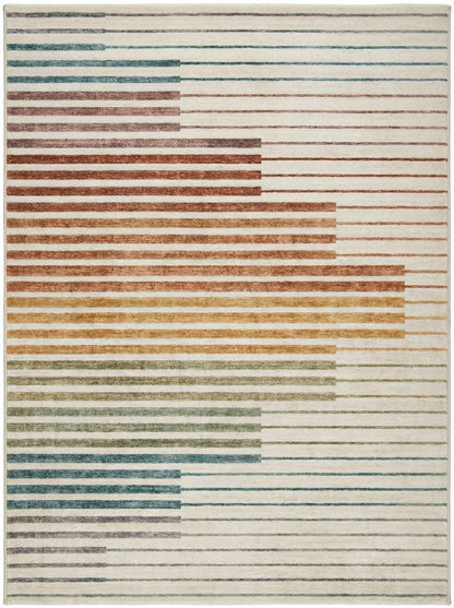 8' X 11' Beige Blue and Brown Striped Area Rug