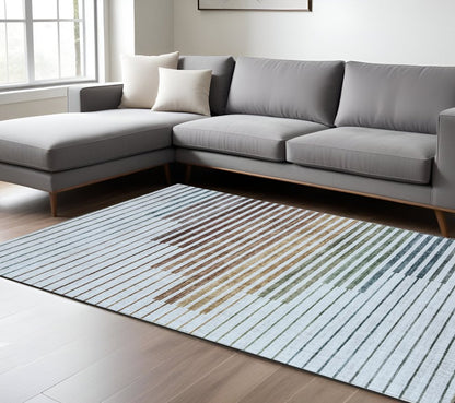 8' X 11' Beige Blue and Brown Striped Area Rug