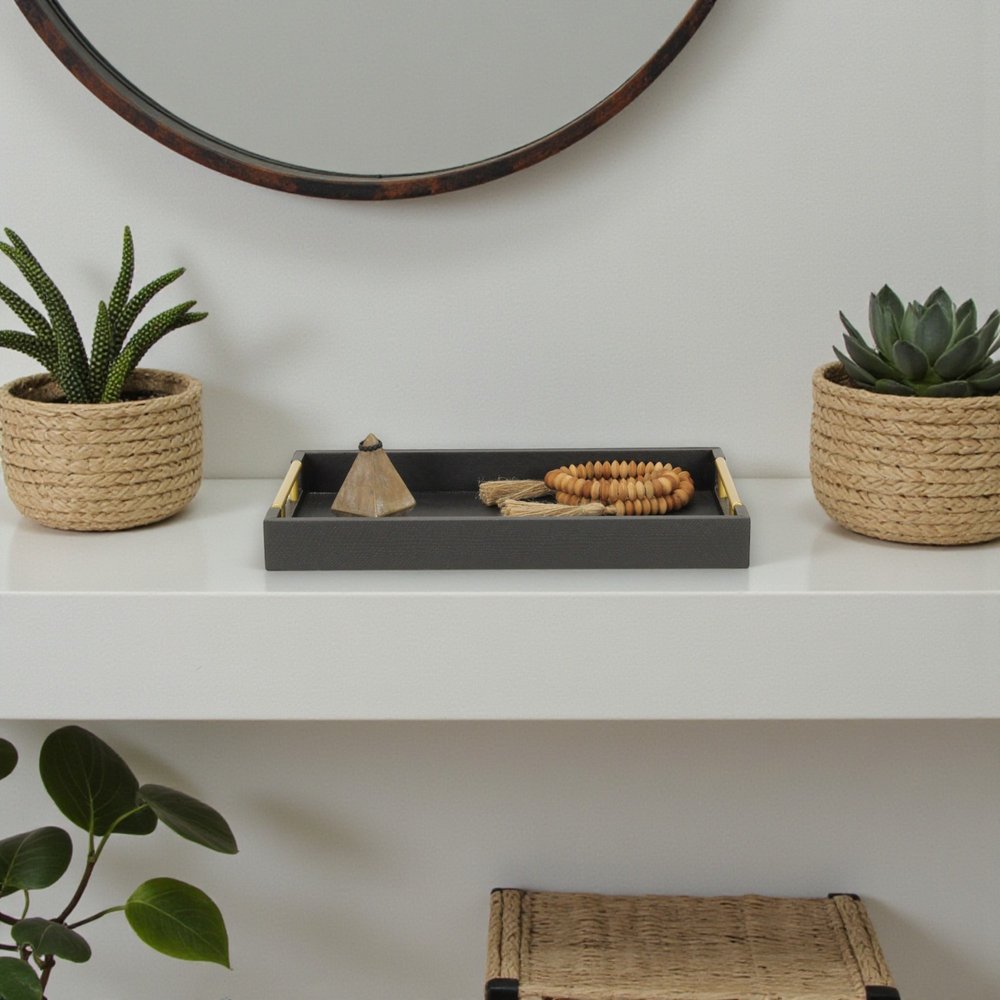 16" Black Wood Faux Shagreen Serving Tray With Handles