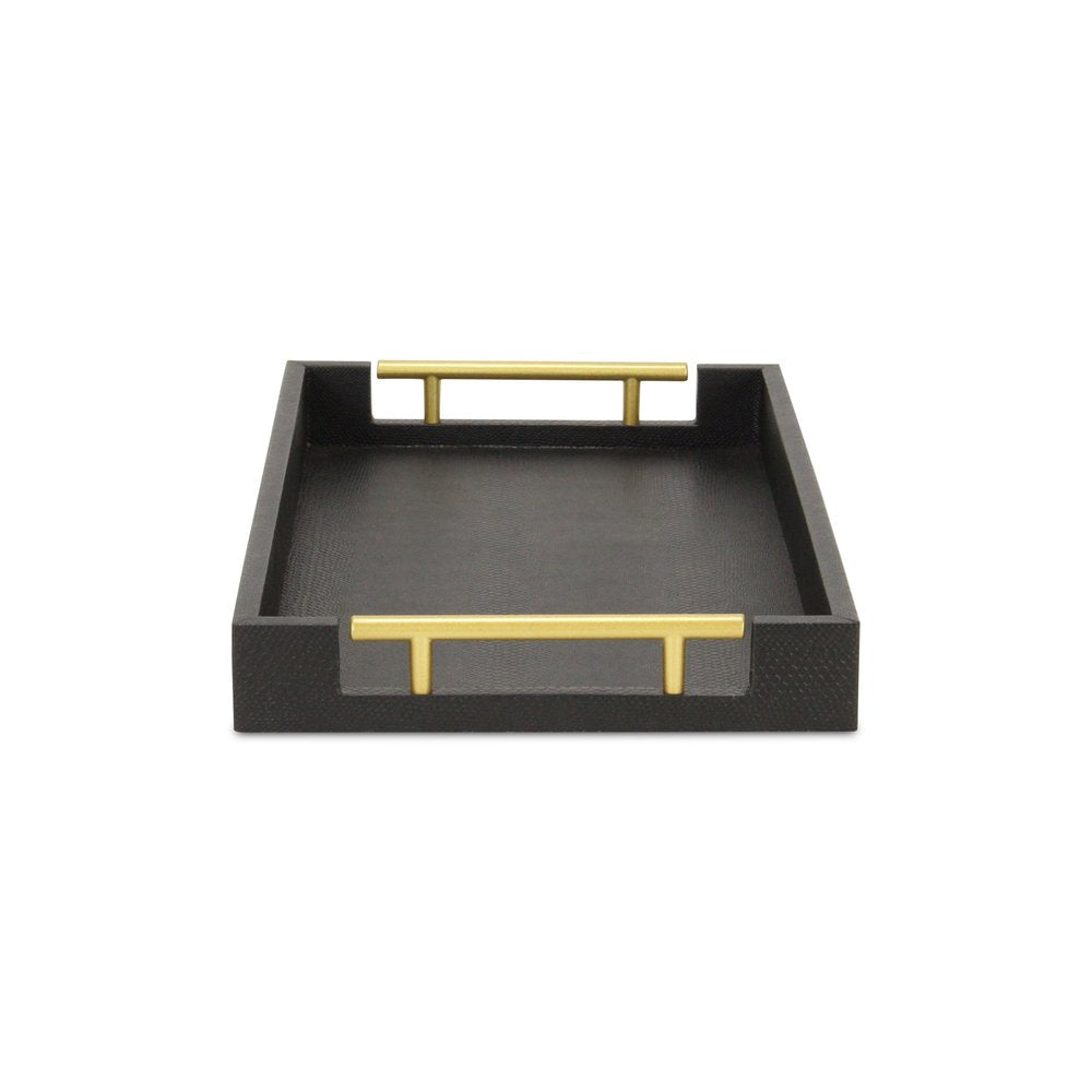 16" Black Wood Faux Shagreen Serving Tray With Handles