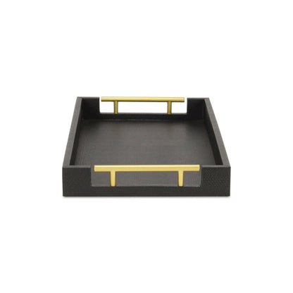 16" Black Wood Faux Shagreen Serving Tray With Handles